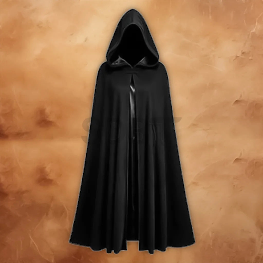 Black Medieval Hooded Cloak Renaissance Costume Cape shown from the front with a full-length hooded design.