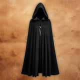 Black Medieval Hooded Cloak Renaissance Costume Cape shown from the front with a full-length hooded design.