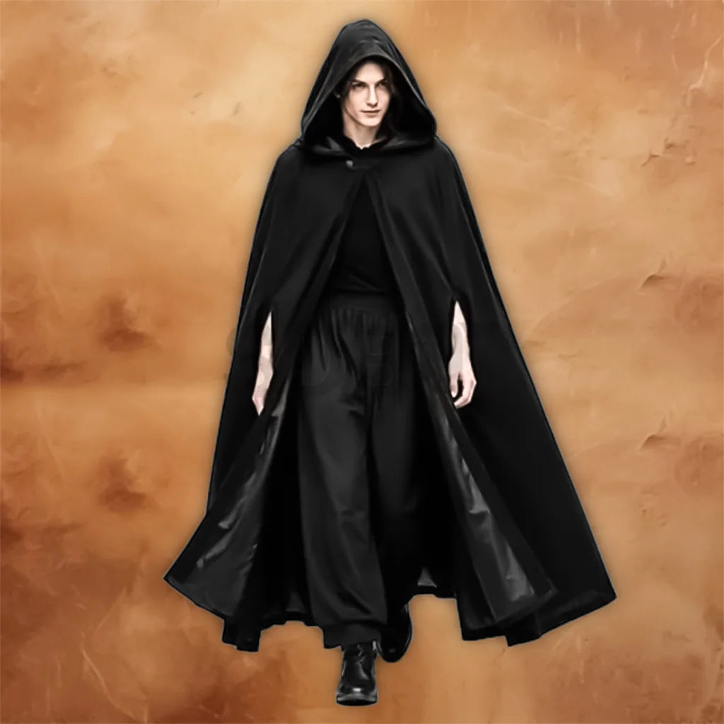 Back view of the Black Medieval Hooded Cloak Renaissance Costume Cape showing its long flowing design and hood.