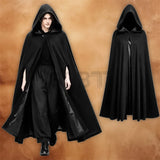 Black Medieval Hooded Cloak Renaissance Costume Cape shown from both front and back views.
