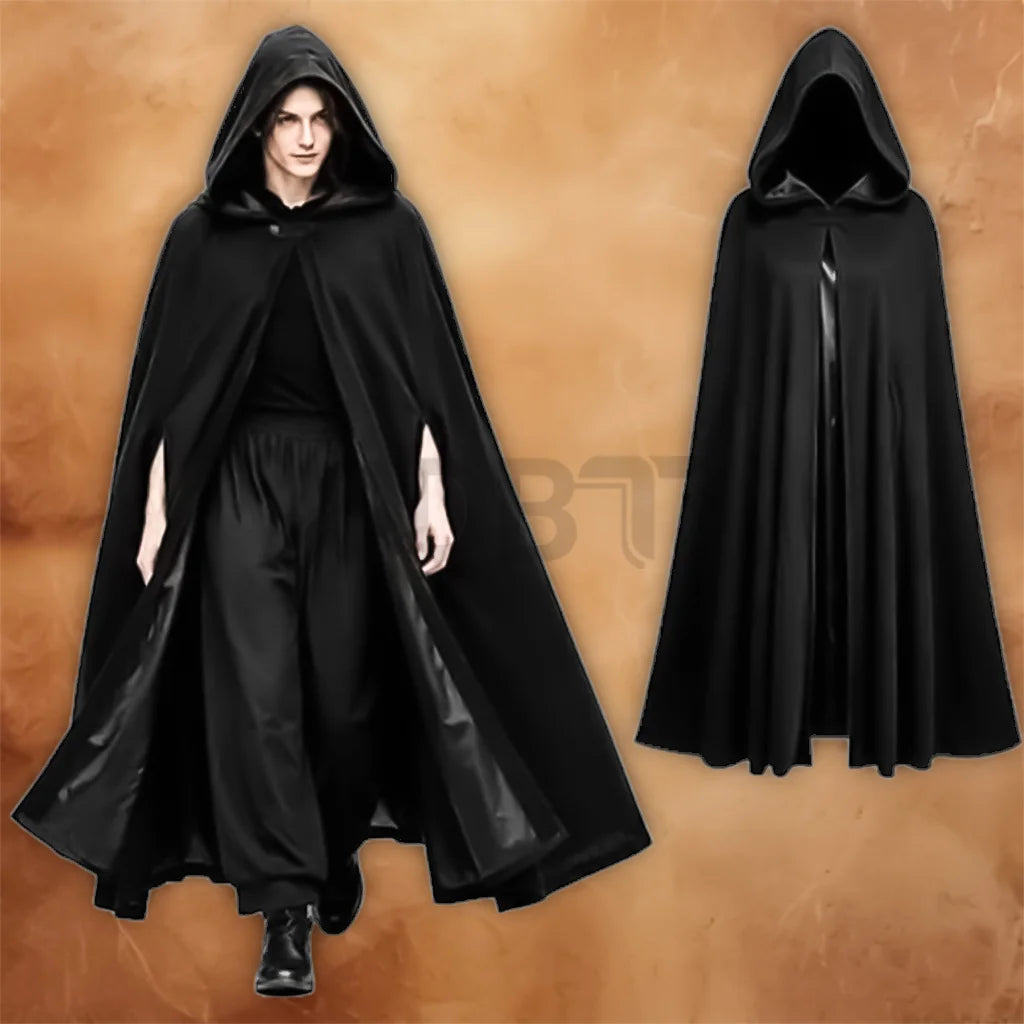 Black Medieval Hooded Cloak Renaissance Costume Cape shown from both front and back views.
