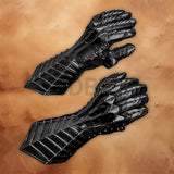 Medieval Knight Gothic Gauntlets featuring a black finish, layered plate design, articulated fingers, and detailed Gothic styling