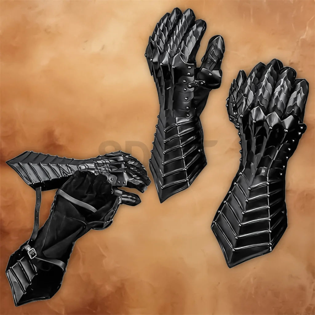 Pair of Medieval Knight Gothic Gauntlets with black-finished steel plates, layered detailing, articulated fingers, and medieval armour styling.