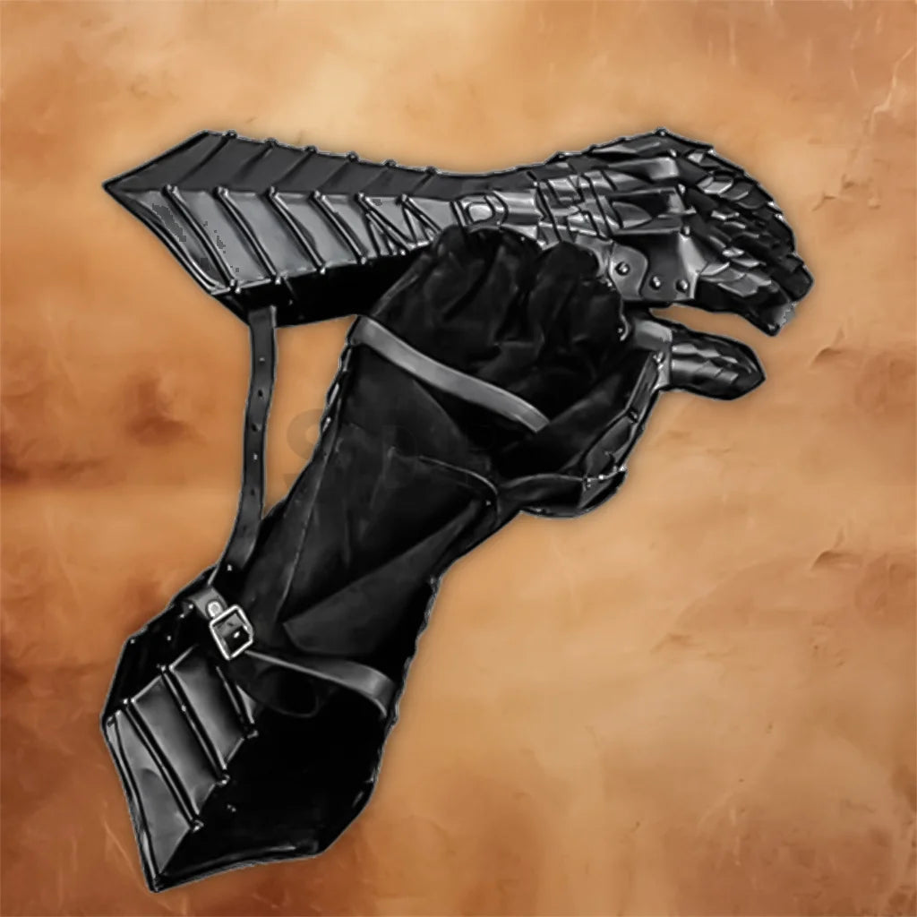 Side view of Medieval Knight Gothic Gauntlets showing the articulated finger plates, wrist sections, adjustable straps, and black finish.