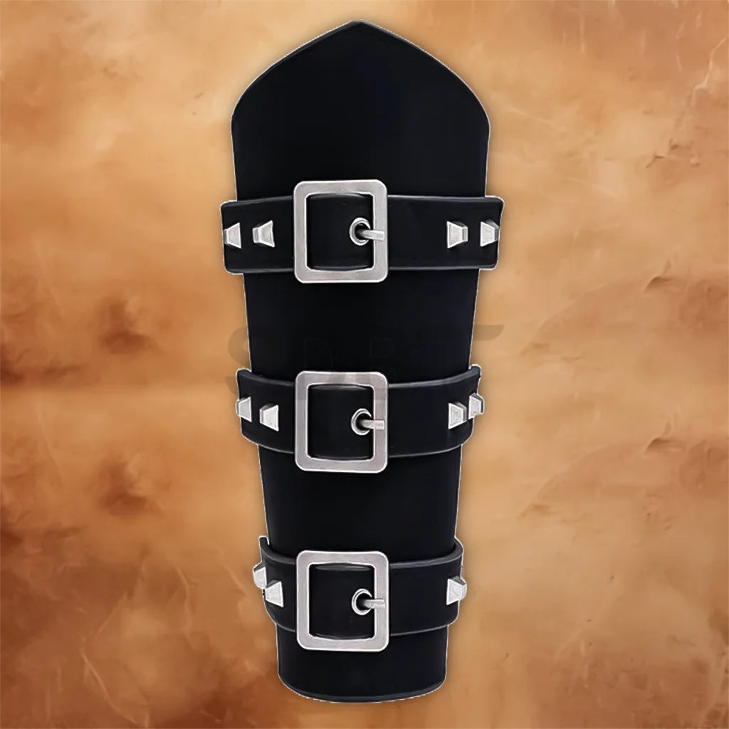 Medieval Knight PU Leather Bracers in brown with three silver buckles and decorative studs for cosplay and costume outfits.