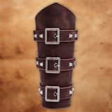 Medieval Knight PU Leather Bracers in brown with three silver buckles and decorative studs for cosplay and costume outfits.