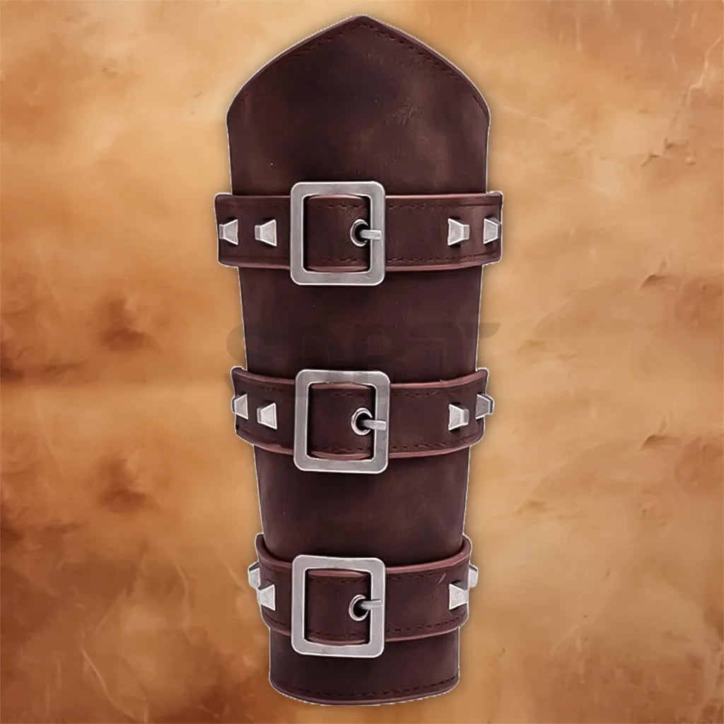 Medieval Knight PU Leather Bracers in brown with three silver buckles and decorative studs for cosplay and costume outfits.