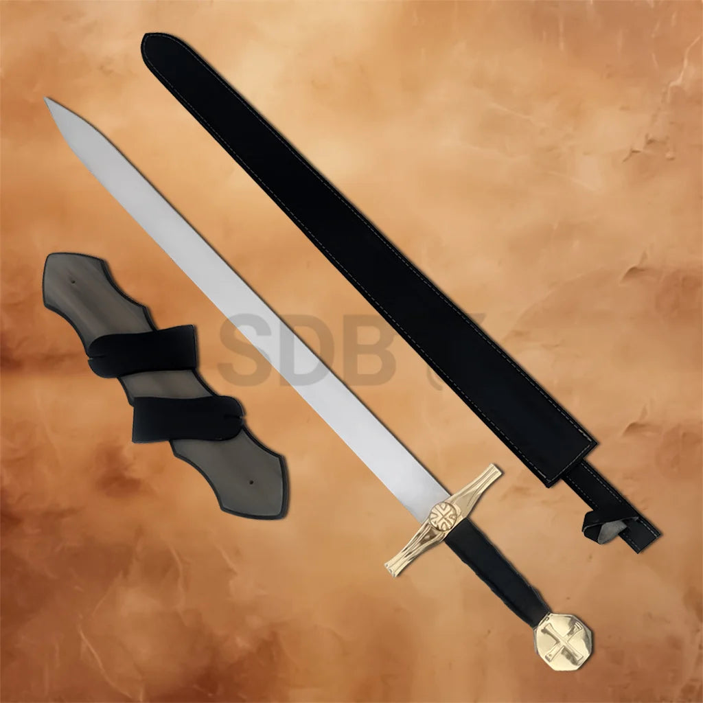 Complete Medieval Knights Templar Cross Sword Replica set featuring a polished blade, black scabbard, and decorative wooden wall display plaque.