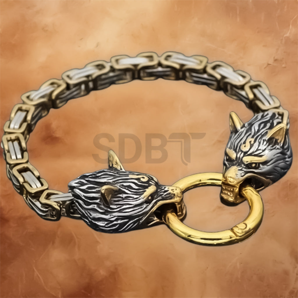 Angled view of the Men's Steel Wolf Bracelet featuring a detailed Celtic Viking chain design.