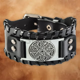 Full view of the Men's Vintage Norse Viking leather bracelet combining braided leather with antique-style metal detailing.