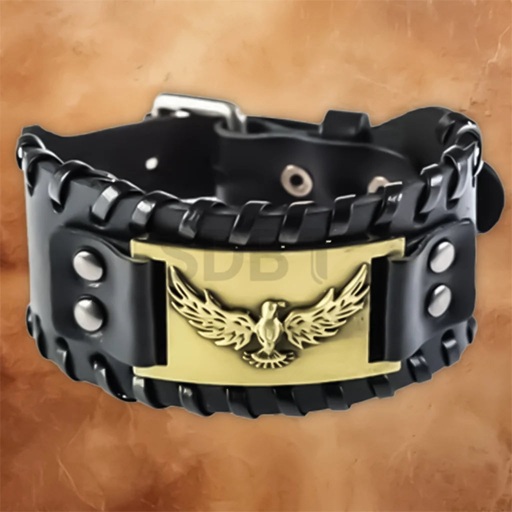 Close-up of the Men's Vintage Norse Viking leather bracelet showcasing its textured leather and decorative metal accents.