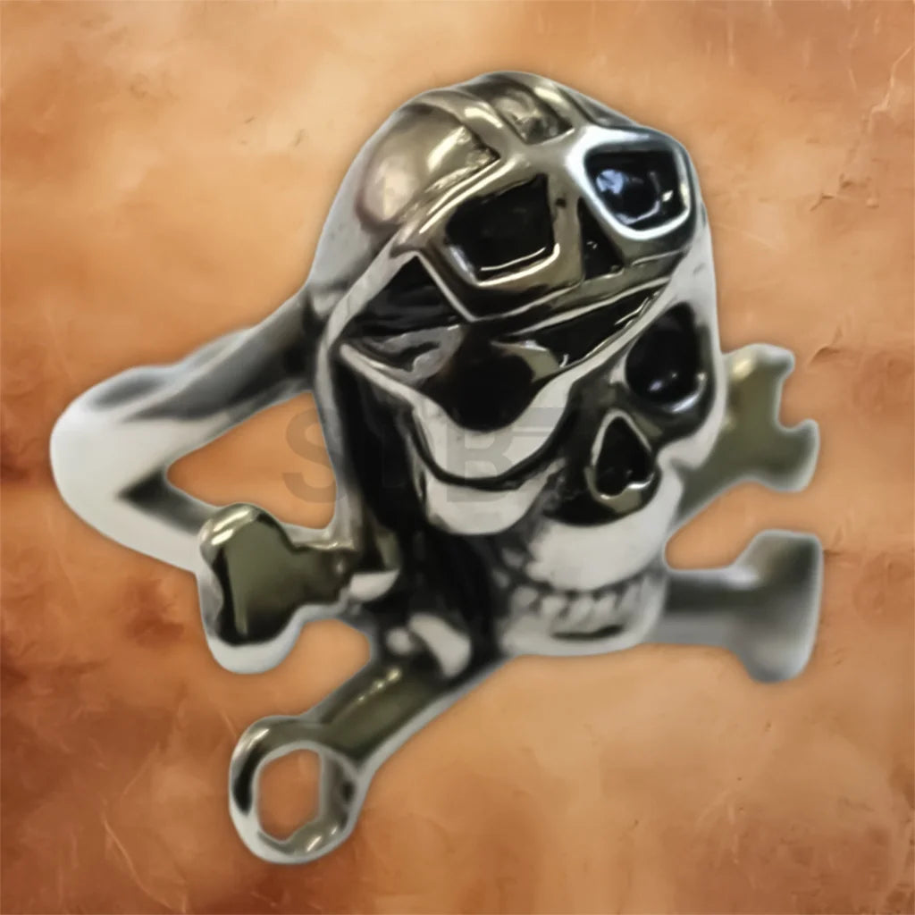 the polished stainless steel finish and detailed skull motif on the men's statement ring.