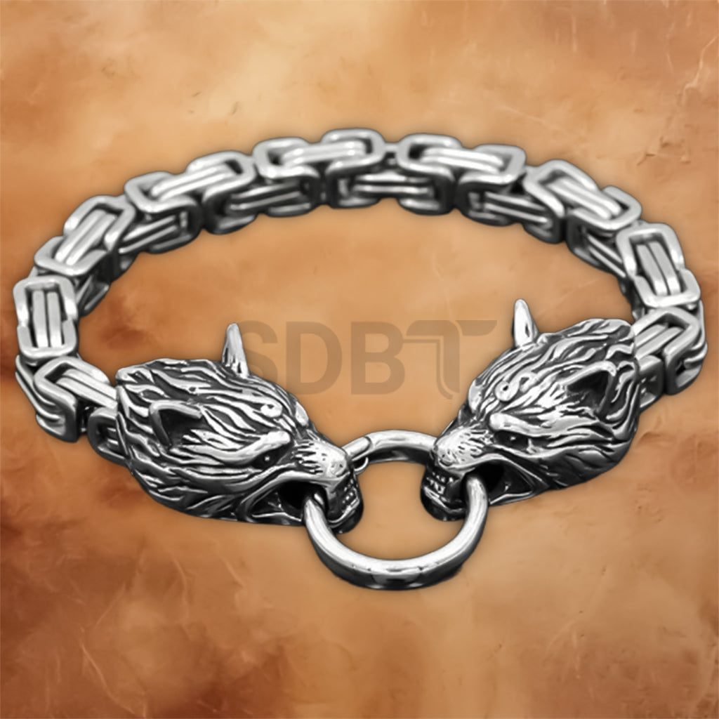 Men's Steel Wolf Bracelet crafted from stainless steel with Celtic Viking chain detailing and wolf head clasp.
