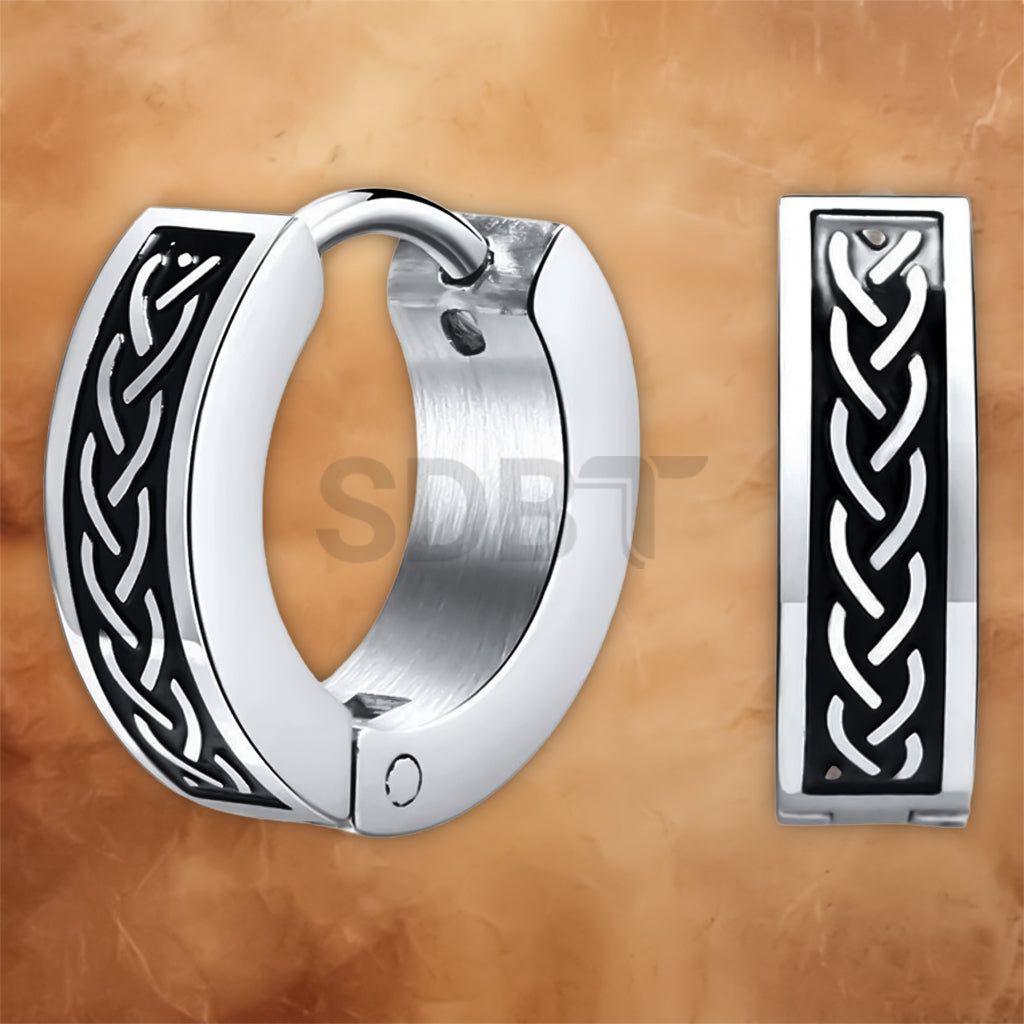 Full view of Viking hoop earrings with a polished stainless steel finish and classic Norse-inspired design.