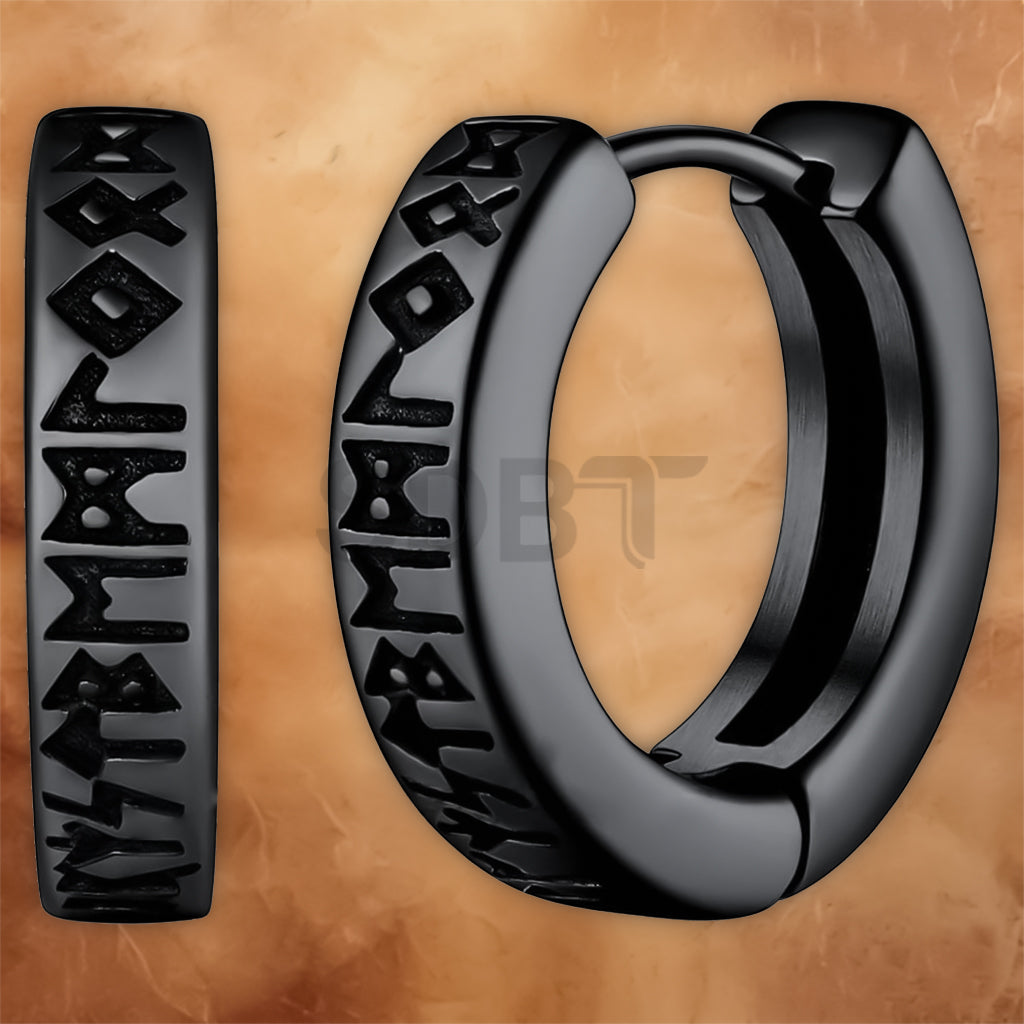 Men's Viking Rune hoop earrings in Norse huggie style crafted from stainless steel with engraved rune detailing.