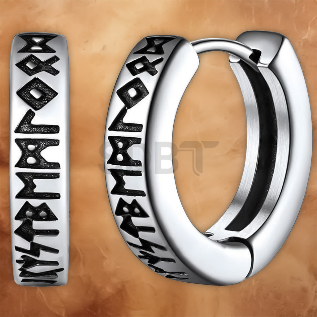 Pair of Men's Viking Rune hoop earrings featuring engraved Norse symbols and a polished stainless steel finish.