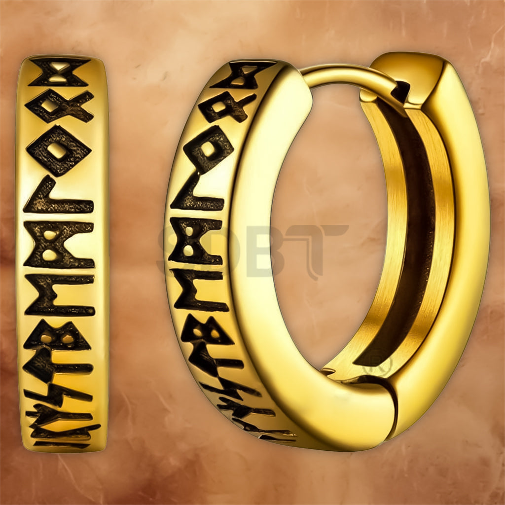 Side view of Men's Viking Rune huggie hoop earrings with engraved Nordic runes and a secure hinged closure.