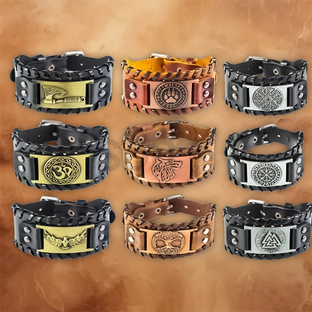 Men's Vintage Norse Viking leather bracelet featuring a braided leather band and engraved Nordic-inspired design.