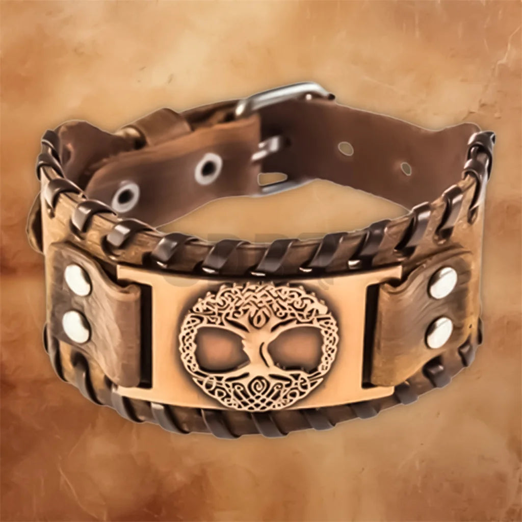 Close-up of the engraved metal centrepiece on the Men's Vintage Norse Viking leather bracelet.