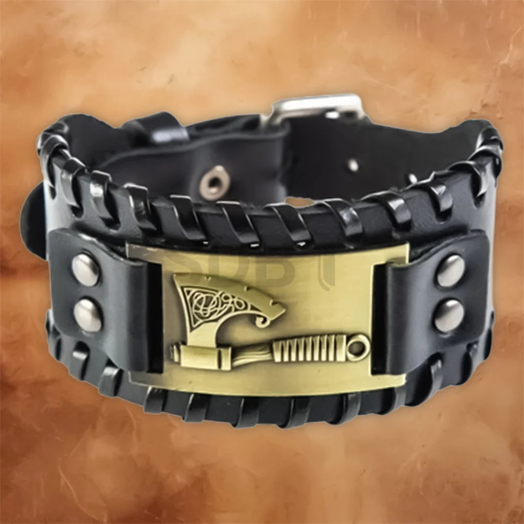 Angled view of the Men's Vintage Viking leather bracelet with detailed Norse craftsmanship and secure clasp.