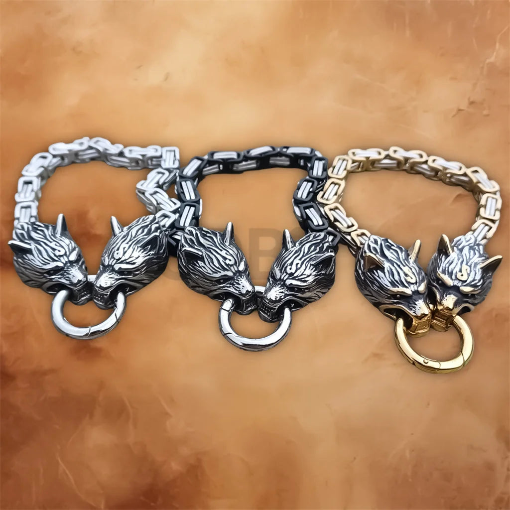 Men's Wolf Chain Bracelet crafted from stainless steel with a Viking Norse wolf head design and durable chain links.