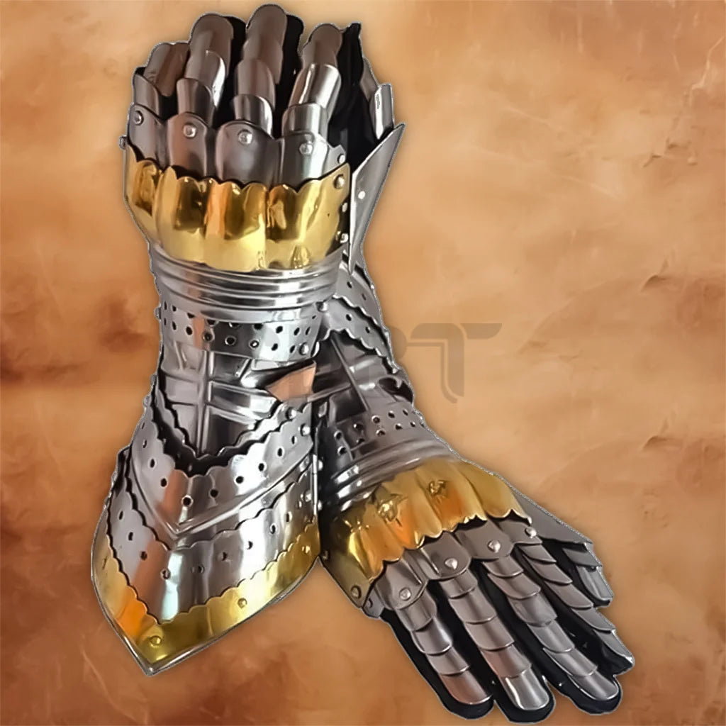 Metal Knight Gauntlets with silver and gold finishes, articulated finger plates, layered wrist armour, and detailed medieval styling.