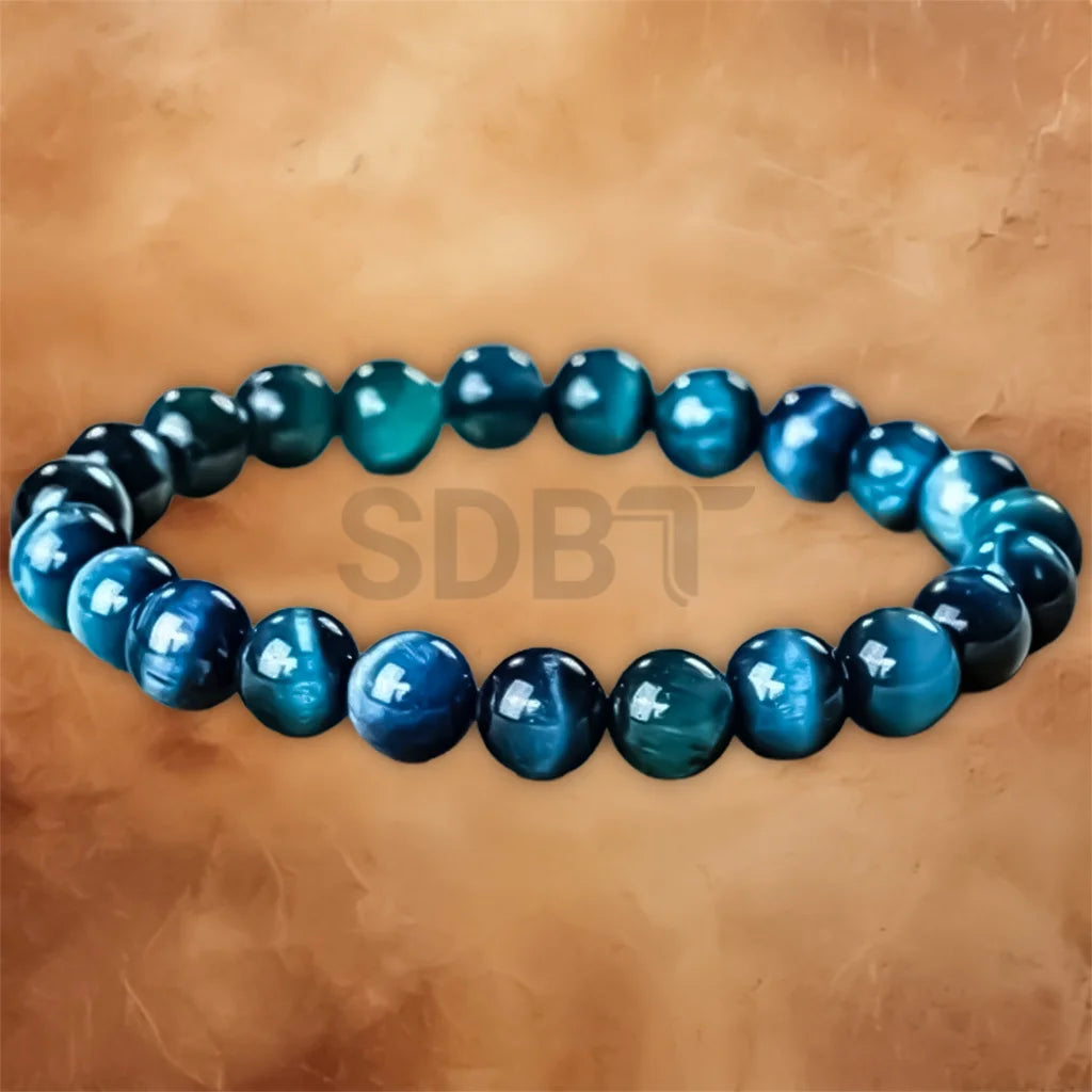 Natural Blue Tiger Eye 8mm gemstone bead bracelet featuring polished round natural stone beads.