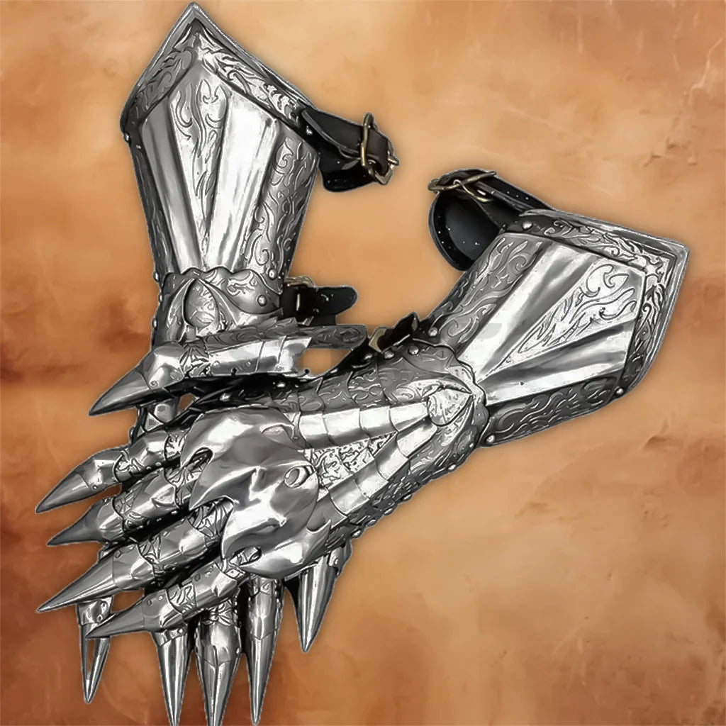 Nautical Replica Hub Medieval Gauntlet Gloves featuring ornate silver metal plates, articulated fingers, pointed details, engraved patterns, and adjustable leather straps.