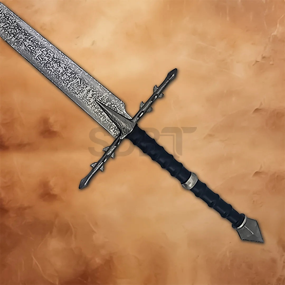 Detailed close-up of the Nazgul Ringwraith Sword Replica hilt with thorn-inspired crossguard, black grip, and medieval fantasy craftsmanship.
