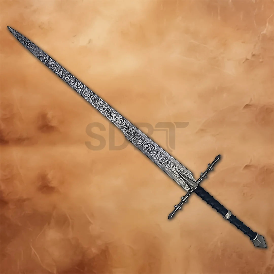 Full-length Nazgul Ringwraith Sword Replica inspired by The Lord of the Rings, featuring a weathered steel blade, thorn-style guard, and black leather-wrapped handle.