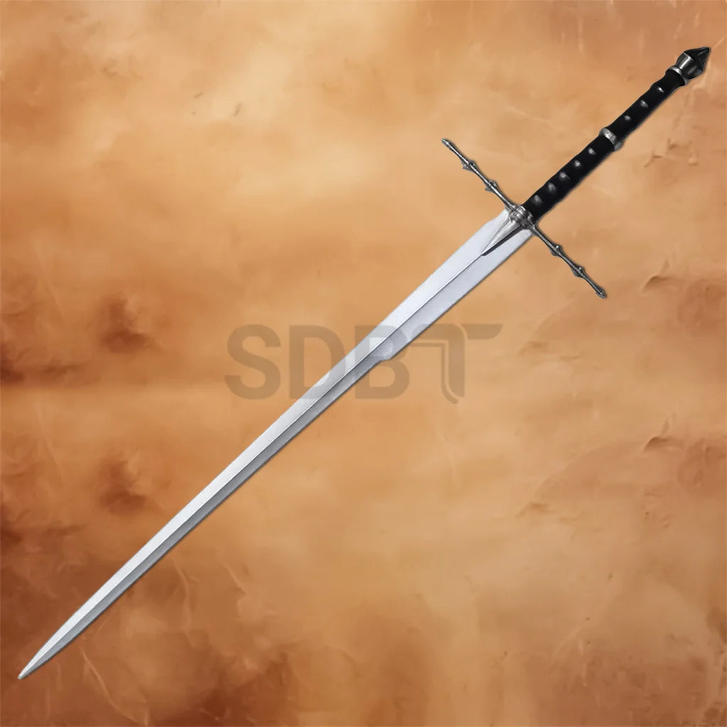 Full-length Nazgul Ringwraith Sword replica from Lord of the Rings featuring a polished stainless steel blade, black grip, and iconic dark fantasy design.