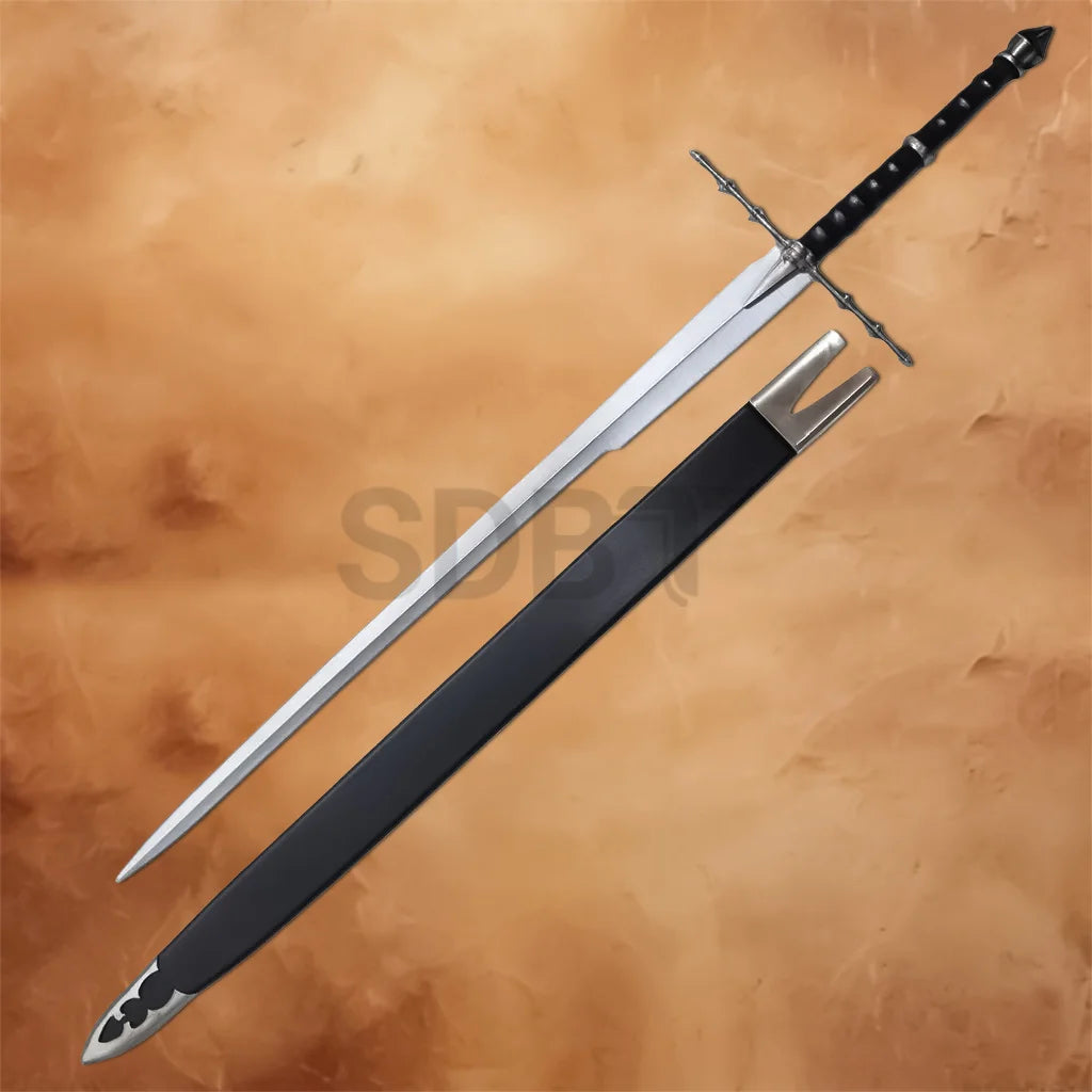 Lord of the Rings Nazgul Ringwraith Sword replica displayed with its matching black scabbard, crafted with a stainless steel blade and detailed medieval-inspired hilt.