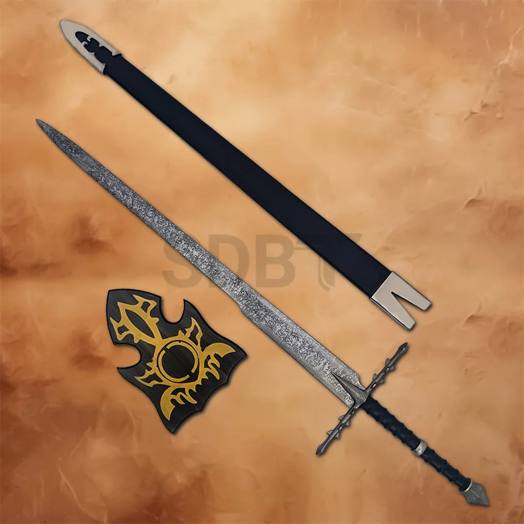 Nazgul Ringwraith Sword Replica with black scabbard and decorative wall display plaque inspired by The Lord of the Rings, perfect for collectors and fantasy décor.
