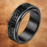Detailed view of the rotating band and Nordic engraving on the Viking steel spinner ring.