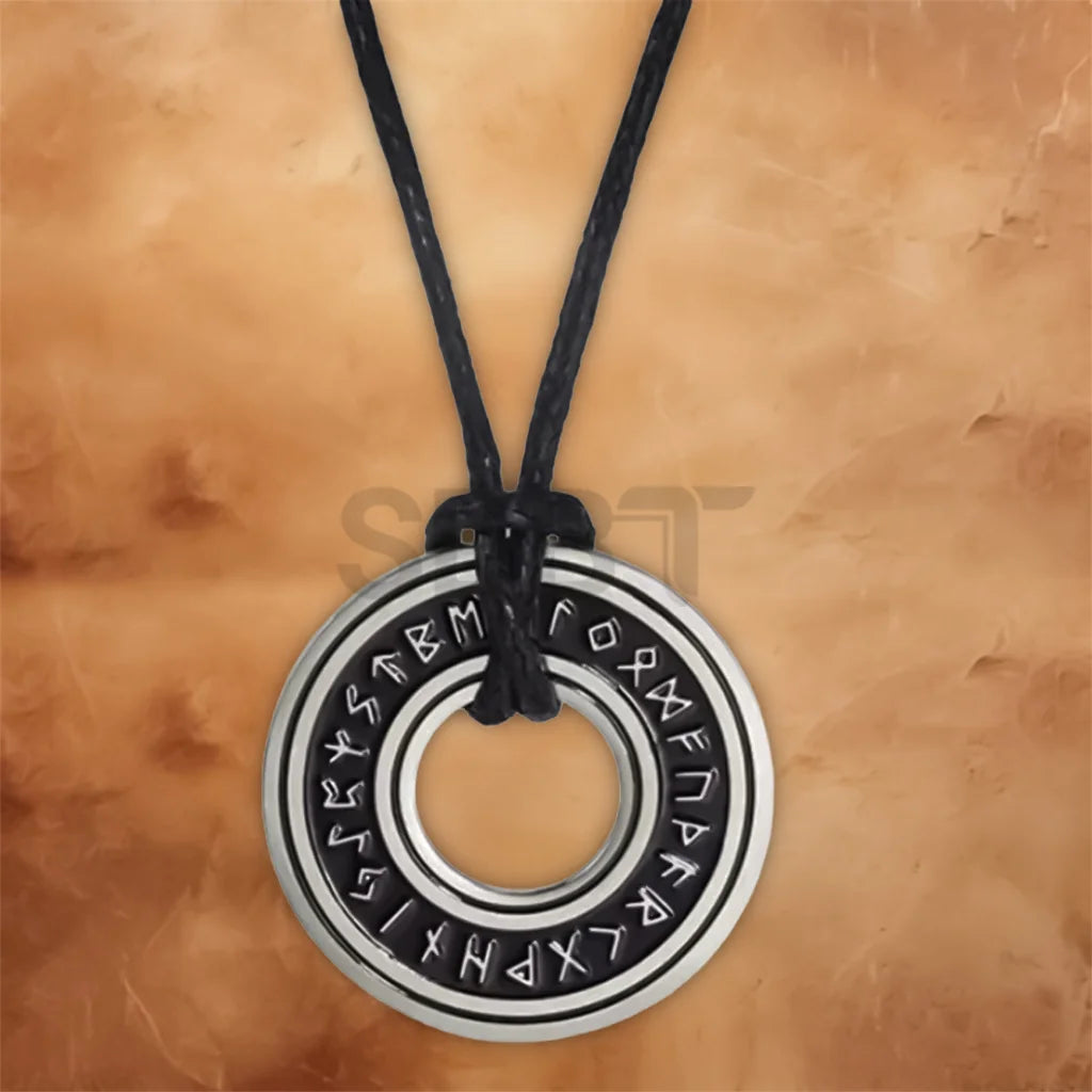 Norse Viking Rune Ring pendant necklace for men and women featuring engraved Nordic runes and a stainless steel finish.