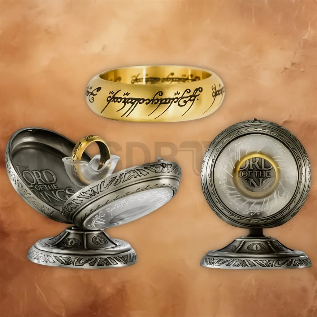 Angled view of the Lord of the Rings One Ring replica featuring a polished stainless steel finish.