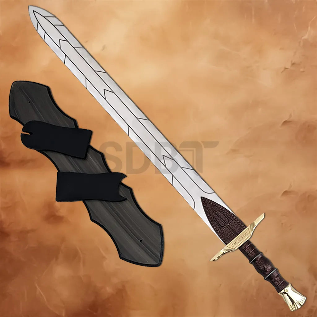Full view of Percy Jackson Anaklusmos sword replica with display stand
