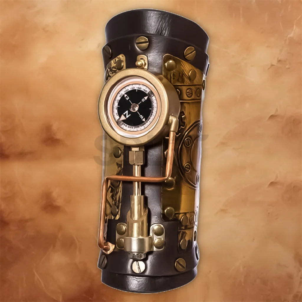 PU leather steampunk medieval arm guard with antique gold details, compass-style dial and mechanical accents for cosplay costumes.