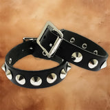 Angled view of the Punk Gothic leather studded cuff bracelet with durable leather construction and metal studs.