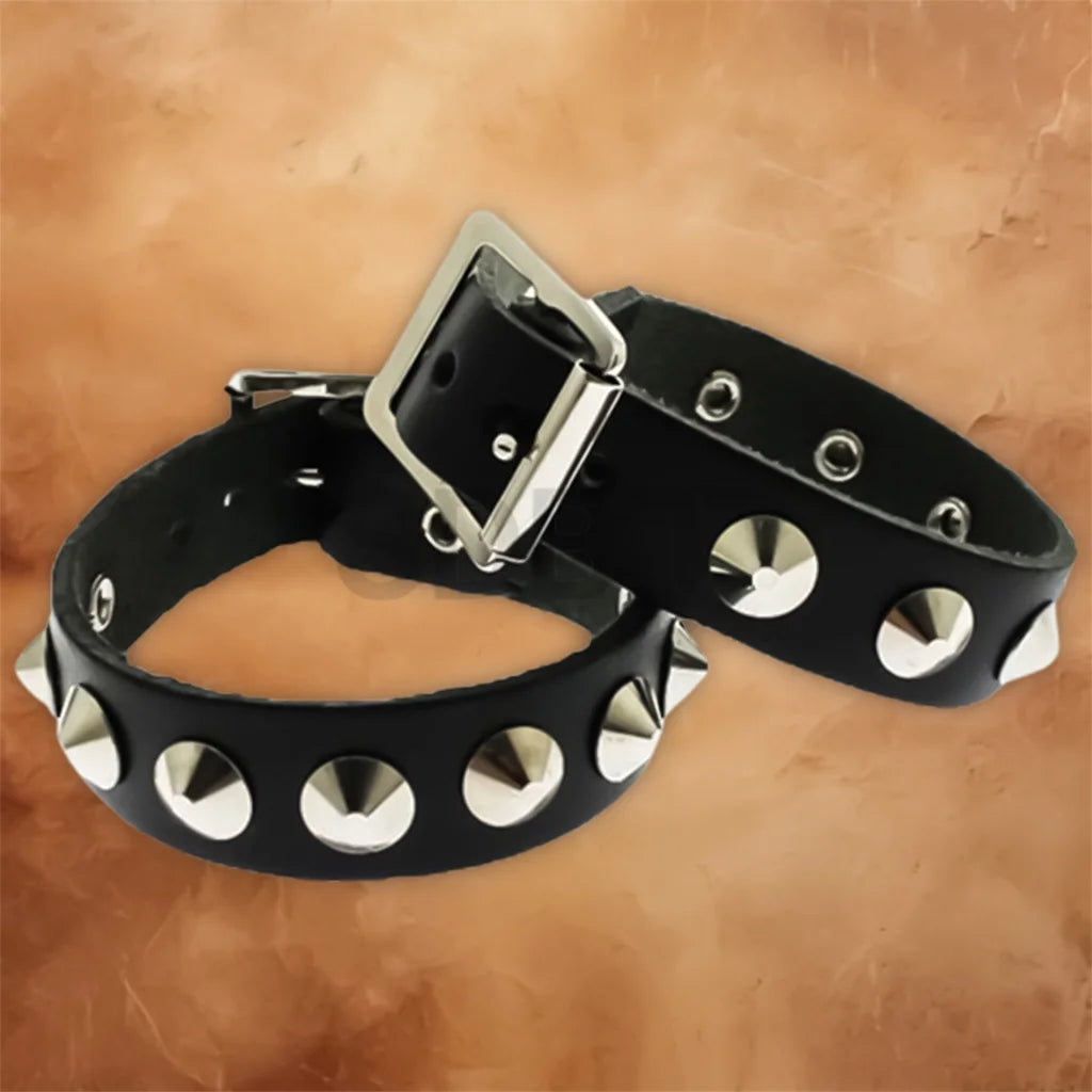 Angled view of the Punk Gothic leather studded cuff bracelet with durable leather construction and metal studs.