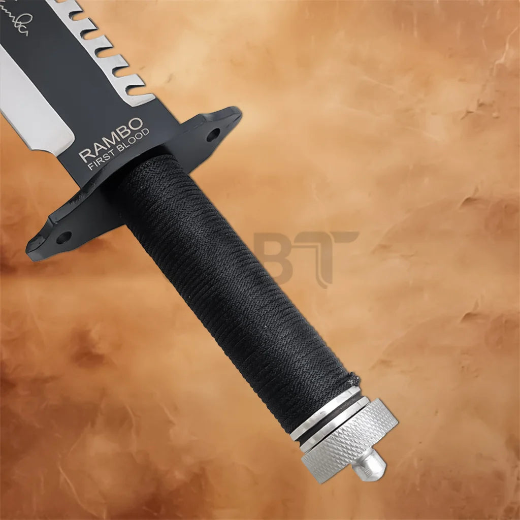 Close-up of the handle detailing on the John Rambo First Blood Part II movie knife replica.