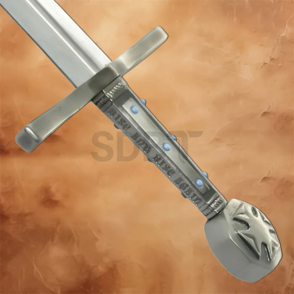 Detailed close-up of the Robin Hood Sword Replica hilt with engraved grip, straight crossguard, and decorative pommel.