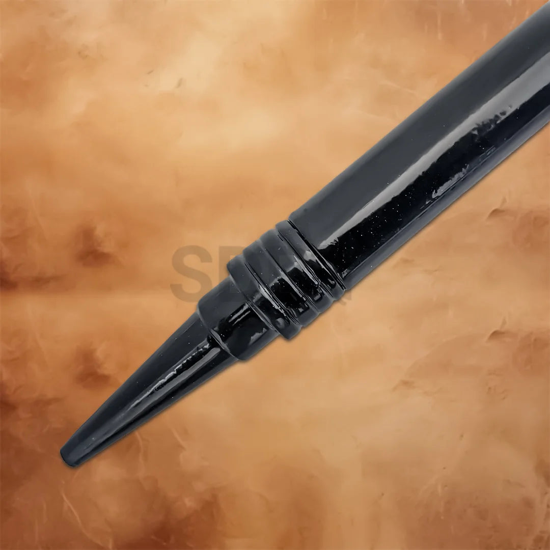 Detailed close-up of the lower section of the Black Wizard Staff of Saruman Replica featuring a glossy black finish and authentic fantasy-inspired construction.