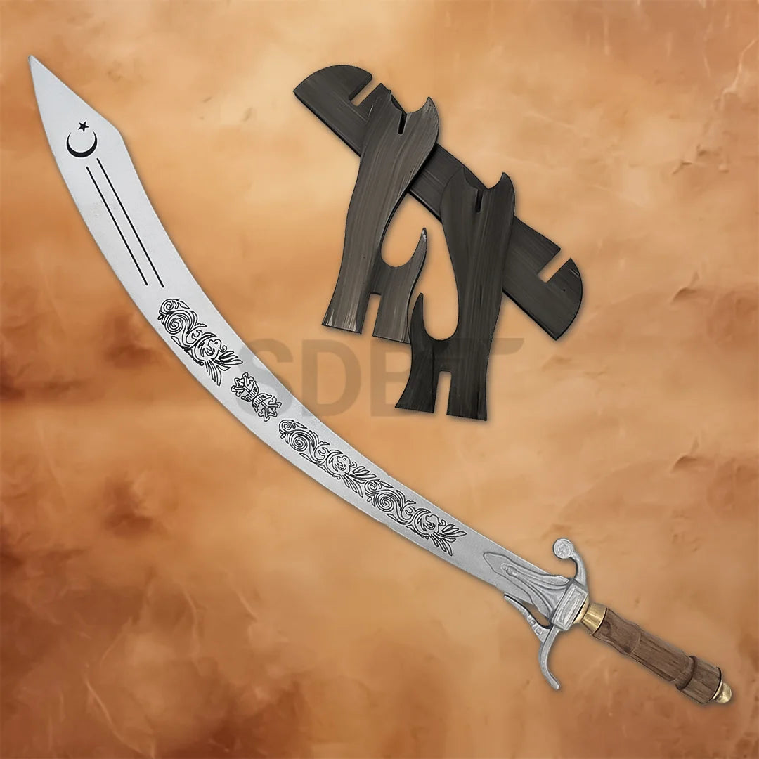 Silver Arabian belly dance dragon scimitar sword with ornate engraved blade, curved design and wooden wrapped handle.