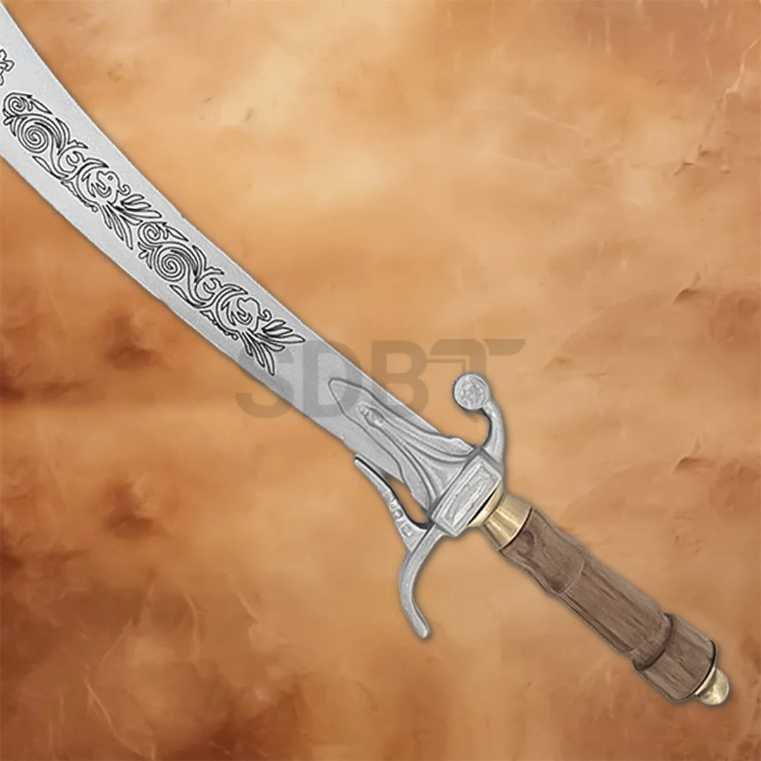 Silver Arabian belly dance dragon scimitar sword with ornate engraved blade, curved design and wooden wrapped handle.