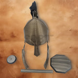 Front view of the Spartan 300 Movie Helmet Replica with included wooden display stand, featuring a bronze-style finish, black crest, and authentic movie-inspired design.