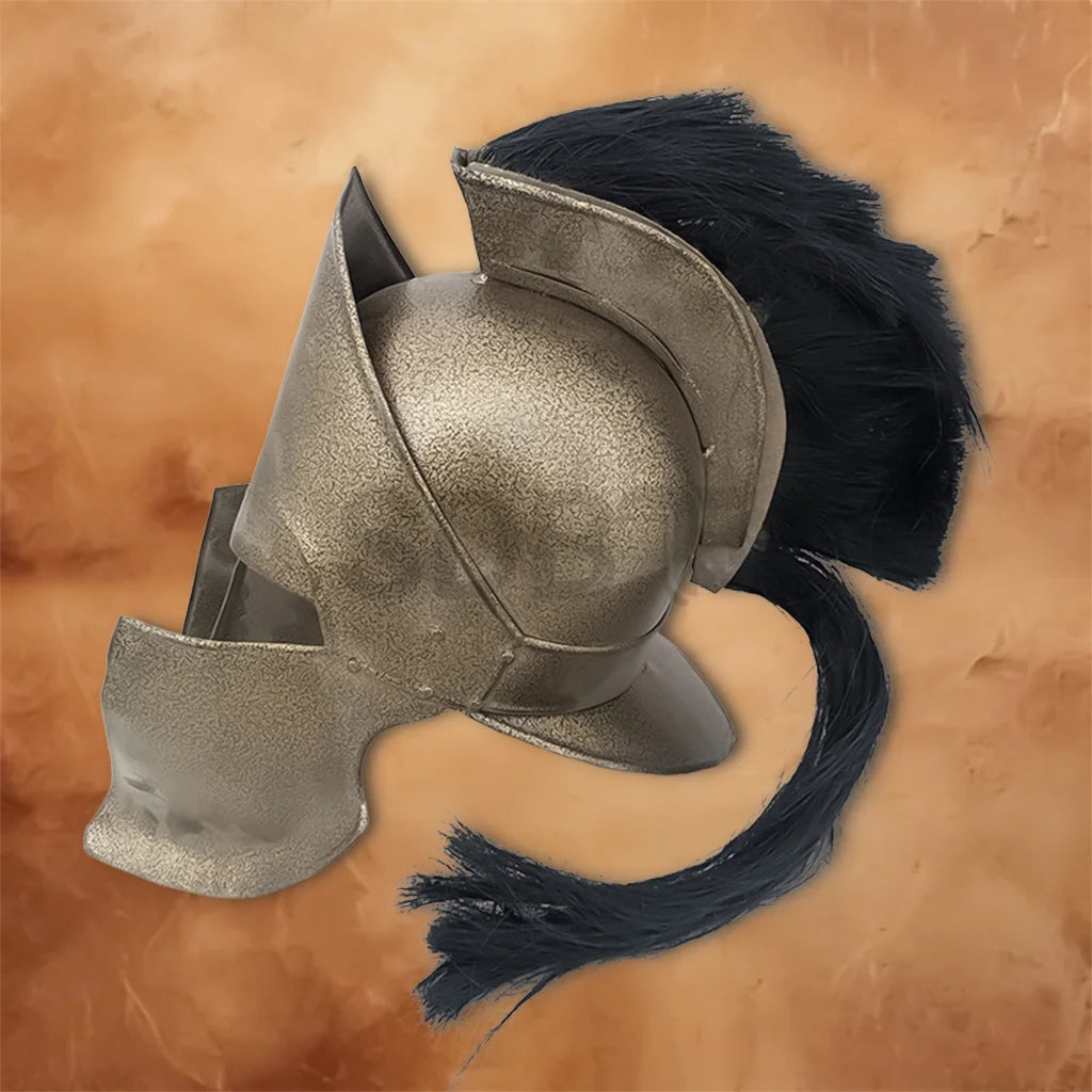 Opposite side view of the Spartan 300 Movie Helmet Replica showcasing the bronze finish, detailed cheek guard design, and black horsehair plume