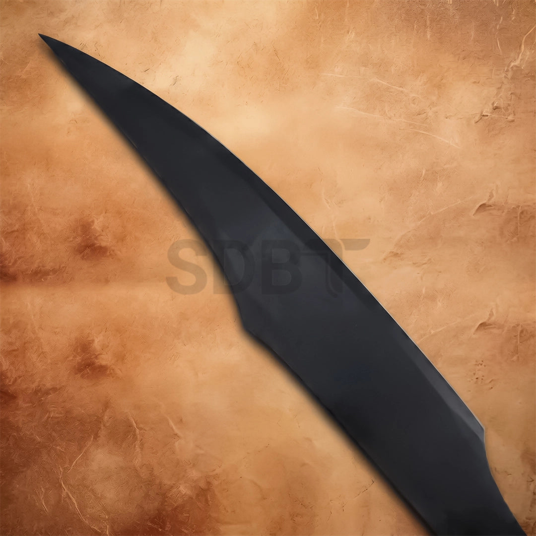 Detailed view of the Leonidas replica blade highlighting its distinctive leaf-shaped profile and tactical matte black coating.