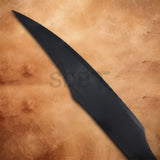 Detailed view of the Leonidas replica blade highlighting its distinctive leaf-shaped profile and tactical matte black coating.