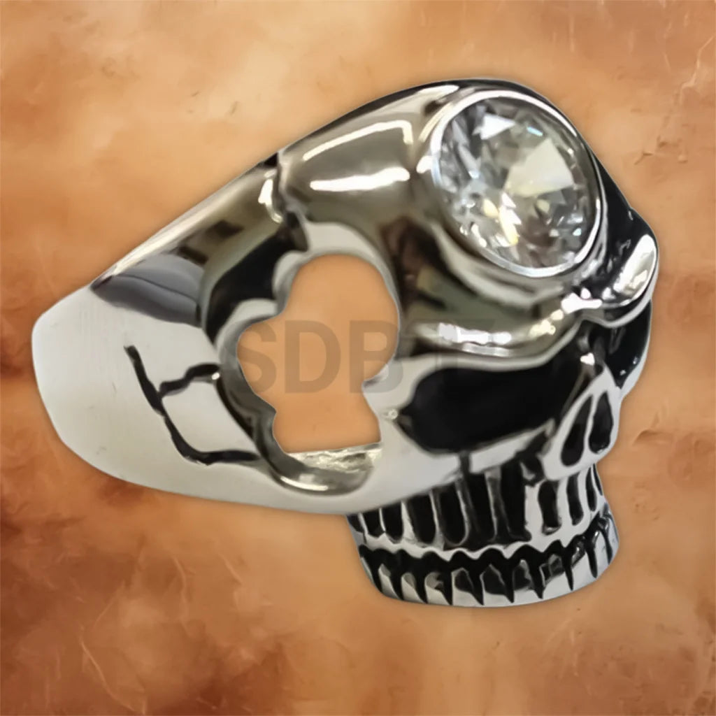 Detailed view of the sculpted skull design on the men's Gothic biker punk ring.